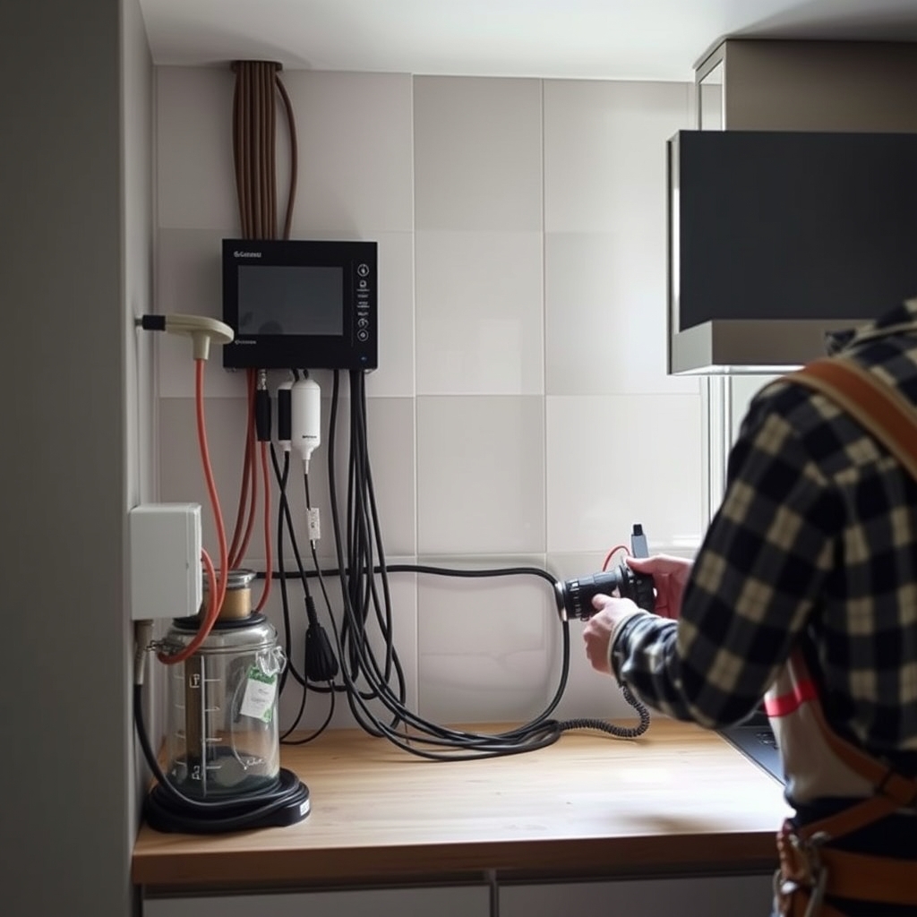 Électroménager et raccordements en cours de pose (illustration)