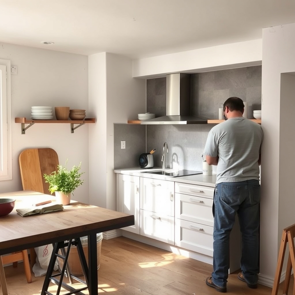 Rénovation complète de cuisine en cours de pose (illustration)